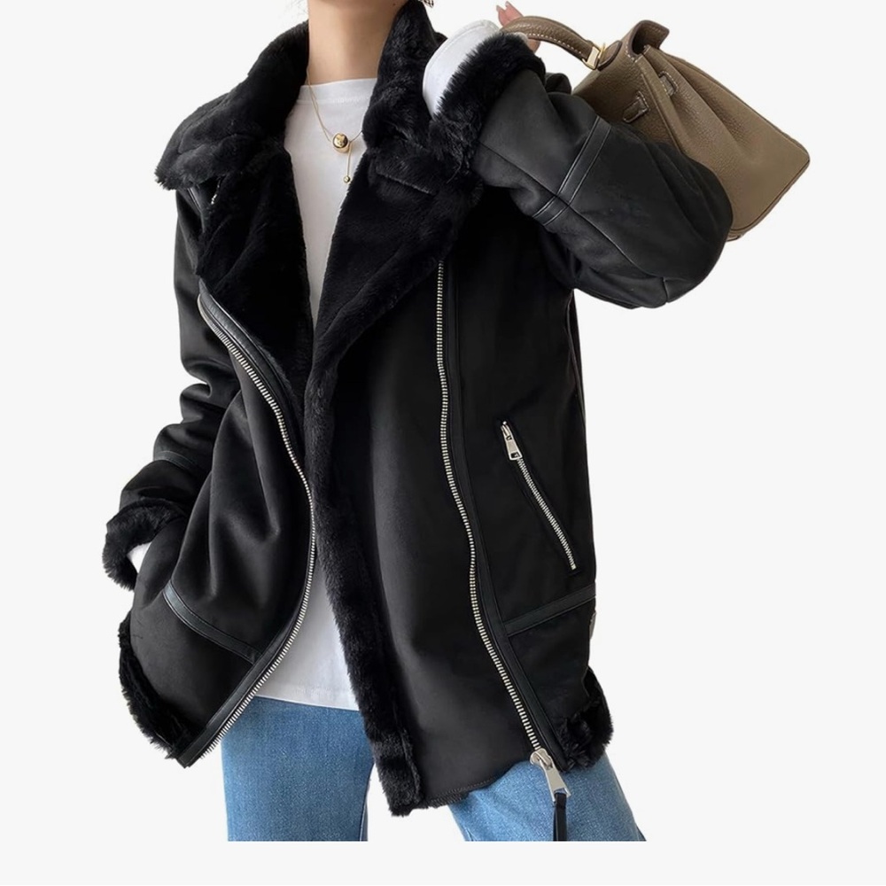 BoohooMAN Moto Biker Black Faux Fur Suede Jacket Size Small